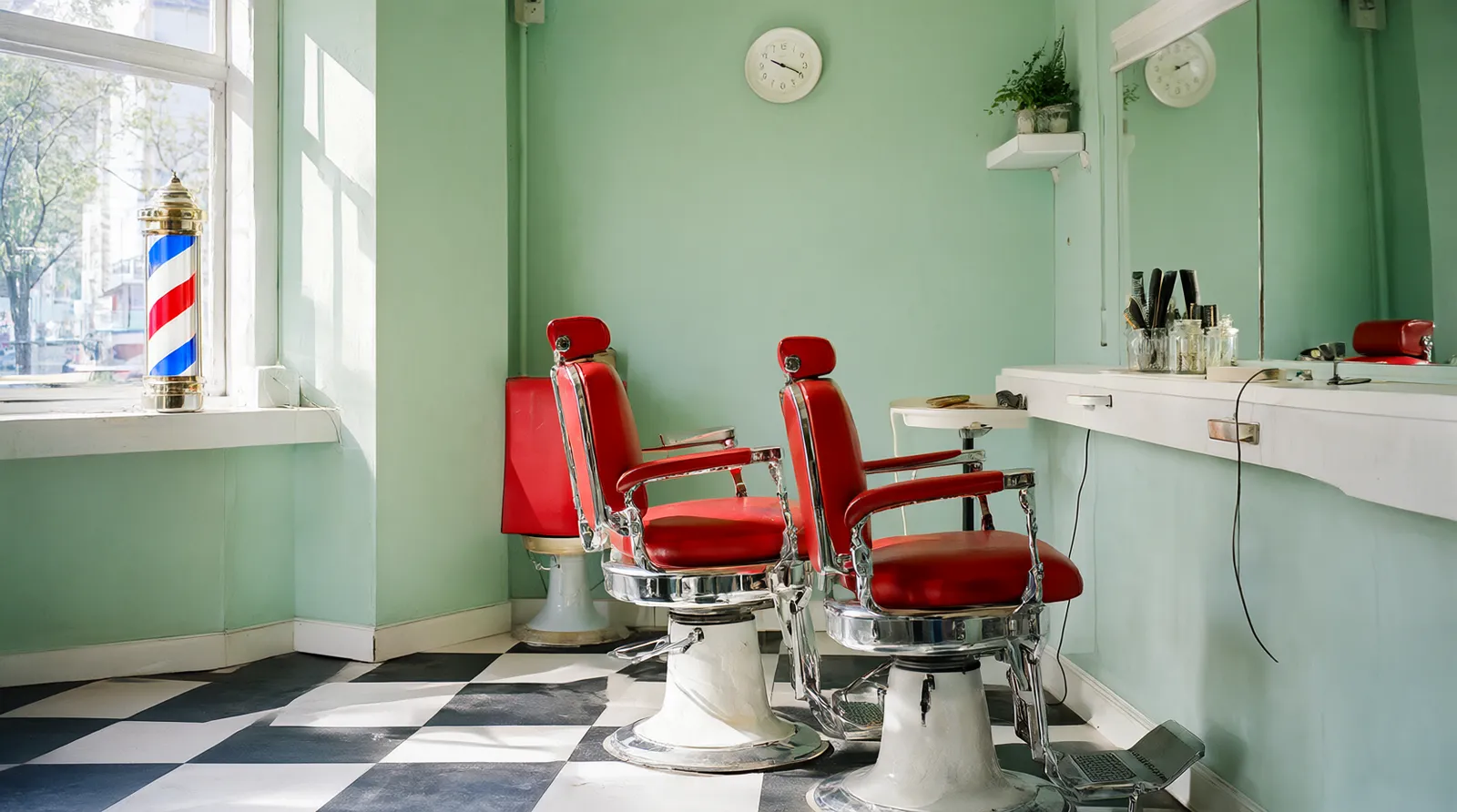 Two red leather barber chairs on a checkered floor in a sunny mint-green barbershop